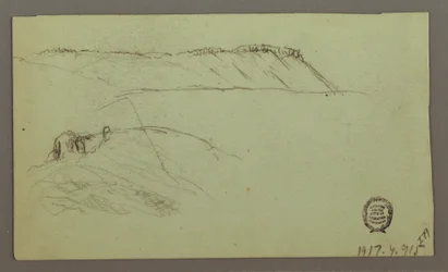 Desenho, Ruínas rodeadas de muros, tendas, dois estudos de figuras, 28 de abril de 1868