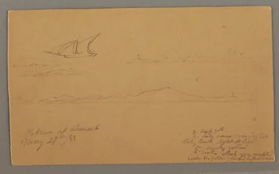 Desenho, Navio à vela, Costa montanhosa, Ilhas, 29 de maio de 1868