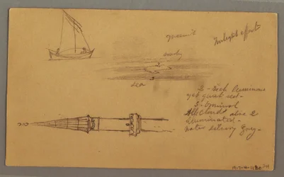 Desenho, Navio à vela, Costa montanhosa, Ilhas, 29 de maio de 1868