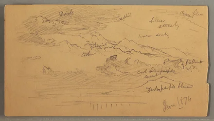 Desenho, Picos de montanha pontiagudos, céu nublado, junho de 1874