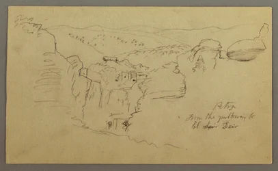 Desenho, esboço. Vista de Khirbet en Wasara "Petra / from the parthway to / El Deir", possivelmente 1868, fevereiro 26