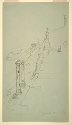 Desenho, lado sul da Acrópole, Atenas vista de leste, 20 de abril de 1869