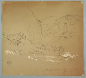 Desenho, riacho que leva à borda das cataratas perto de Hacienda Chillo, Equador, 26 de junho de 1857