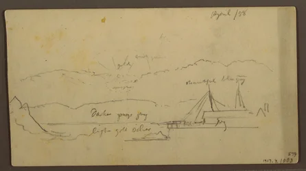 Desenho, Pôr do sol sobre a margem com navio, 1858