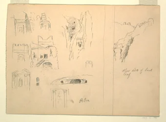 Desenho, Dez estudos de túmulos e uma vista de rochas, Petra, Jordânia, 26 de fevereiro de 1868