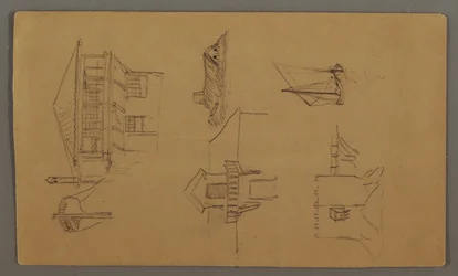 Desenho, Casa de madeira, Dois veleiros, Estudos do telhado, possivelmente 1868