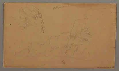Desenho, Casa de madeira, Dois veleiros, Estudos do telhado, possivelmente 1868