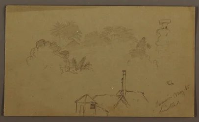 Desenho, Árvores, figura, casa Linstead, maio de 1865