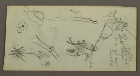 Desenho, Duas figuras montadas a cavalo, com lanças, espada, parte inferior de uma arma, etc., possivelmente 1868