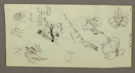 Desenho, Duas figuras montadas a cavalo, com lanças, espada, parte inferior de uma arma, etc., possivelmente 1868