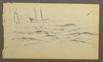 Desenho, Dois barcos à vela, ondas, possivelmente 1860