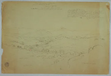 Desenho, Vista perto de Popayan incluindo o vulcão Monte Purese, Rio Cauca, Colômbia, 8 de agosto de 1853