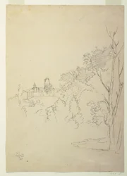 Desenho, Vista de Olana, a casa do artista, Hudson, Nova Iorque, ca. 1872