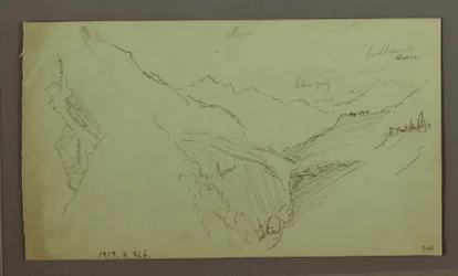 Desenho, Aldeia e vale de montanha íngreme (Alpes), 1868-69