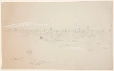 Desenho, Aldeia de Kuseiyeh, Monte Líbano ao longe, maio de 1868