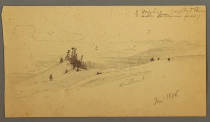 Desenho, topo de uma colina arborizada, vale montanhoso, sol, janeiro de 1866