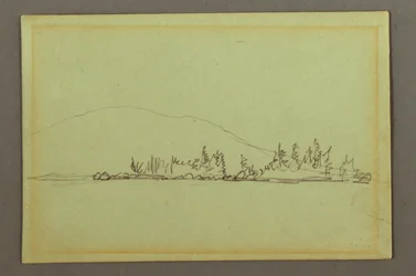 Desenho, Costa arborizada, montanha, possivelmente 1856