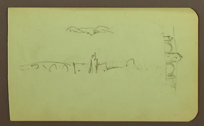 Desenho, colinas, igreja, ponte; Verso: figura, cruz, igreja, 1883