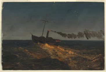 Navio a remo ao entardecer