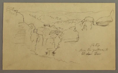 Retrato falado. Vista de Khirbet en Wasara "Petra / do caminho para / El Deir"
