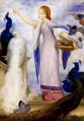 Jovem rapariga a alimentar pavões. Está vestida à antiga. Pintura de Lord Frederic Leighton (1830-1896) (pré-rafaelita)