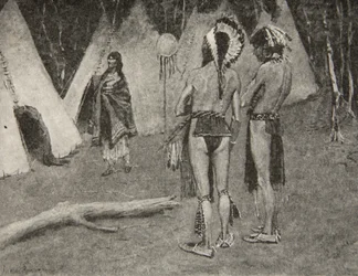 E seus amantes, os rejeitados ... Homens bonitos com tinta e penas, de The Song of Hiawatha, de Henry Wadsworth Longfellow (1807-82), pub. por George G. Harrap e companhia Ltd., 1911