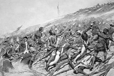 Forças britânicas tentam invadir o forte francês de Ticonderoga em 1758 (litho)