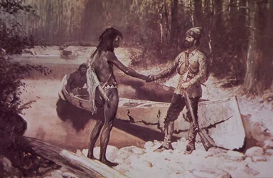 caçador de peles franco-canadiano fazendo negócios com nativos americanos, final do século XIX (cor litho)
