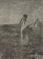 Como um fantasma que vai ao nascer do sol, Ele viu uma donzela caminhando, de The Song of Hiawatha, de Henry Wadsworth Longfellow (1807-82), pub. por George G. Harrap e companhia Ltd., 1911