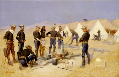 Assar a carne de Natal num acampamento de cavalaria