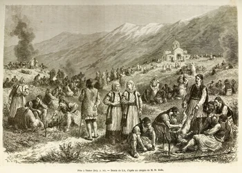 Um banquete em Tebas, o do careme da Virgem, reunindo todos os habitantes da cidade e arredores, cada família rouba uma ovelha para a ocasião, em primeiro plano, os homens preparam o bete antes de cozinhá-lo. Gravura depois do drawi