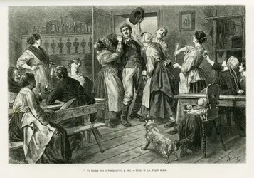 Uma hirtztag, uma espécie de carnaval onde tudo é permitido para as mulheres, no Sundgau. Gravado por Lix para ilustrar a história A trevers l