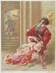 Barba Azul tentando matar sua última esposa, Fatima, ilustração de &39;Contes de ma Mere l&39;Oye&39; por Charles Perrault (1628-1703), edições Garnier, Paris, final do século XIX