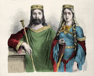 Clóvis (481-511), rei dos Francos, com a sua segunda mulher, Santa Clotilde (Clothilde), rainha. Gravura de Lix.