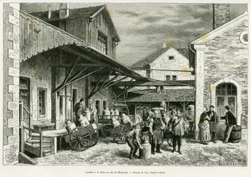Laticínios no Milk Hall de Mulhouse. Gravura de Lix para ilustrar a história A travers l