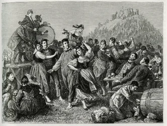 Fete des patres no Hohneck (Vosges), domingo depois de São João. Gravura de F.Lix, para ilustrar a história "Through Alsace and Lorraine", em 1884, de Charles Grad (1842-1890), deputado alemão, escritor e naturalista. Publicado em Le Tour du monde, nouveau