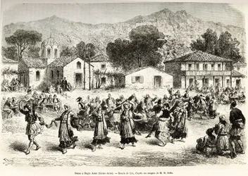Dança folclórica na praça da aldeia Haggia Anna (St. Anne). Gravura após o desenho de Lix, para ilustrar a viagem na Grécia, de Henri Belle, em 1861-1868-1874, publicado em "Le tour du monde" 1876, editado por Edouard Charton, edição Hachette, Paris