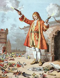 "Todos caíram para trás, como se tivessem sido atingidos pelo trovão", ilustração de "The Travels of Gulliver", de Jonathan Swift (1667-1745).