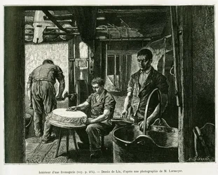 Dentro de uma fábrica de queijo. Gravura de Lix, para ilustrar a história A Through Alsace and Lorraine, de Charles Grad, deputado alemão, em 1885, no tour du monde 1887, sob a direção de Edouard Charton (1807-1890), Hachette, Paris.