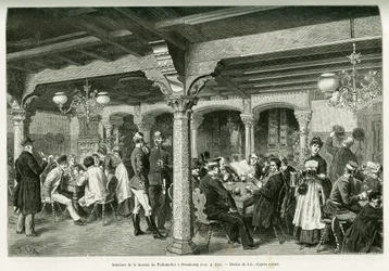 Interior da taverna Tiefenkeller em Estrasburgo. Gravura de Lix, para ilustrar a história A Through Alsace and Lorraine, em 1887, de Charles Grad, deputado alemão, no tour du monde 1888, dirigido por Edouard Charton (1807-1890), Hachette, Paris.