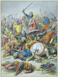 Rei Philip Auguste na Batalha de Bouvines em 1214 (gravura)