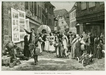 Cantor de lamentos nas ruas de Barr. Gravado por Lix, para ilustrar a história A Through Alsace and Lorraine, em 1887, por Charles Grad, deputado alemão, no tour du monde 1888, dirigido por Edouard Charton (1807-1890), Hachette, Paris.