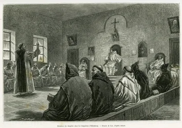 Reunião do capítulo entre os Trapistas de Oelenberg. Gravura de Lix para ilustrar a história A travers l
