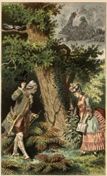 Canção popular: "Vamos para esta pequena e encantadora madeira". Ilustração de Frederic Theodore Lix (1830-1897) em "Chansons et rounds enfantines des provinces de la France".