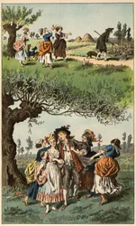 Canção popular: "Éramos três raparigas". Ilustração de Frederic Theodore Lix (1830-1897) em "Chansons et rounds enfantines des provinces de la France".