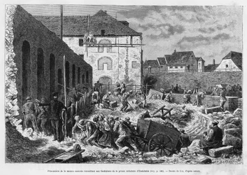 Prisioneiros da casa central trabalhando nas fundações da prisão da cela de Ensisheim. Gravura de Lix para ilustrar a história A travers l