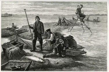 A pesca do salmão. Gravura de F.Lix, para ilustrar a história "Through Alsace and Lorraine", em 1884, de Charles Grad (1842-1890), deputado alemão, escritor e naturalista. Publicado em Le Tour du monde, nouveau journal des voyages, 2º semestre de 1885, edi
