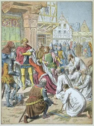Sítio de Calais por Eduardo III em 1346 - 1347. A rainha Philippa de Hainaut implorou ao seu noivo para conceder o cerco aos burgueses de Calais.