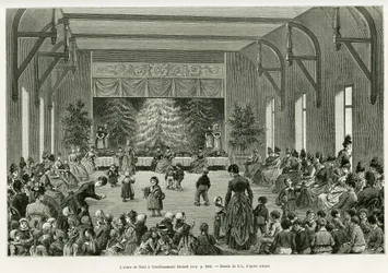 A árvore de Natal no estabelecimento Dietsch. Gravura de Lix, para ilustrar a história A Through Alsace and Lorraine, em 1887, de Charles Grad, deputado alemão, no tour du monde 1888, dirigido por Edouard Charton (1807-1890), Hachette, Paris.