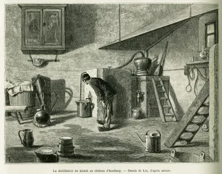 A destilação do kirsch no castelo de Isenburg. Gravura de Lix, para ilustrar a história A Through Alsace and Lorraine, em 1887, de Charles Grad, deputado alemão, no tour du monde 1888, dirigido por Edouard Charton (1807-1890), Hachette, Paris.